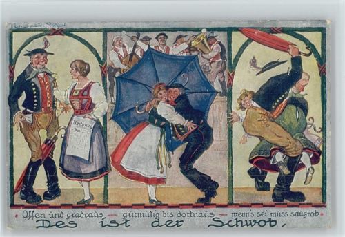 Nr. 1 - Schwabe - Trachten - Regenschirm - Humor - Böttcher, H. Künstlerkarte