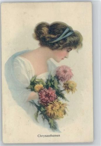 Blumen Chrysanthemen - 1916 AK Frauen Glamour Künstlerkarte