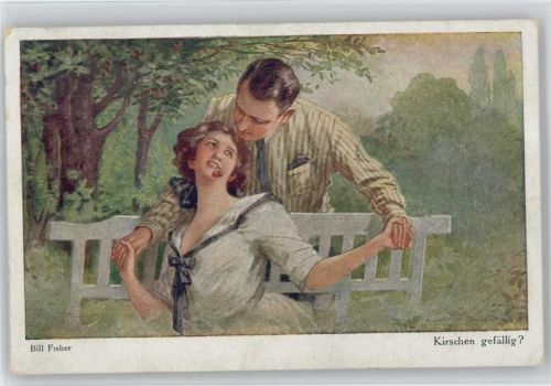 Kirschen gefällig - Parkbank - Liebe - Galerie Münchner Meister Nr. 428 Fisher, B. Künstlerkarte