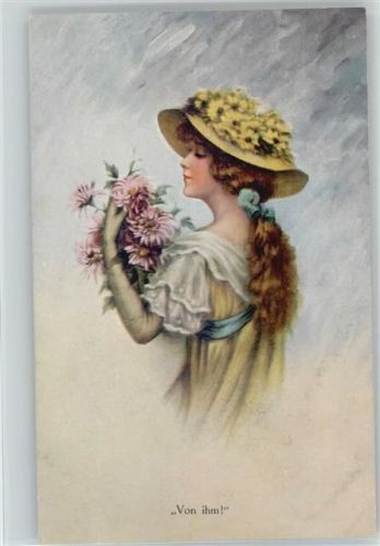 Glamour Frau - Hutmode - Blumen - "Von ihm" Liebe Glamour Künstlerkarte