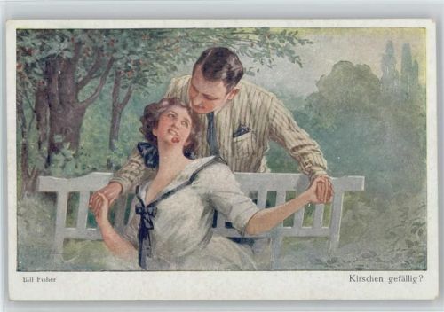 Kirschen gefällig - Parkbank - Liebe - Galerie Münchner Meister Nr. 428 Fisher, B. Künstlerkarte