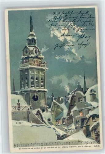 Nr. 7162 - Liederkarte - Kirchenuhr - Mondschein - Guggenberger, T. Künstlerkarte