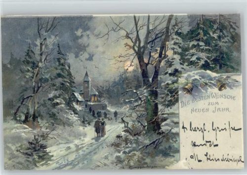 Neujahr - Kirchgang - Mondschein - 1901 AK Guggenberger, T. Künstlerkarte
