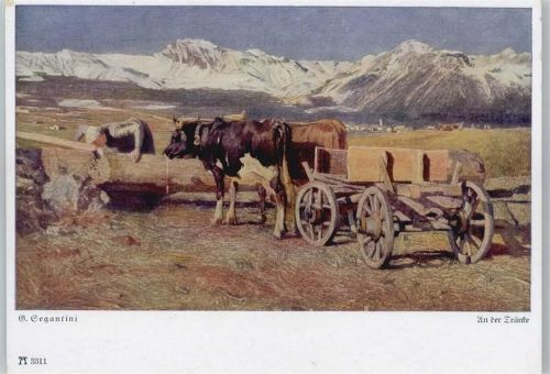 An der Tränke - Bauer mit Tiergespann Segantini, G.