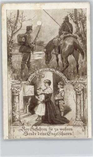 Mutter und Kinder beten für den Vater im Krieg WK I Christliche Propaganda 1915