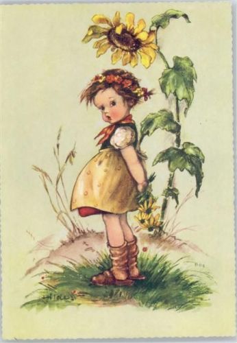 Mädchen mit einer Sonnenblume Hilde (Künstler) Künstlerkarte