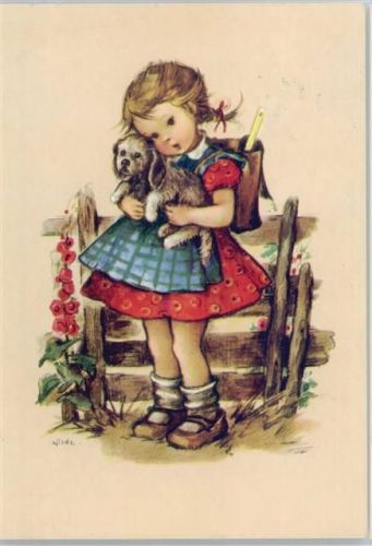 Serie 909-2 - Mädchn mit Schulranzen und einem Hund Hilde (Künstler) 1975 Künstlerkarte