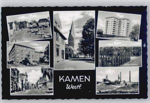 59174 W4708 Kamen , Westf - Markt städt. Hellmig-Krankenanstalten Bahnhofstraße schiefer Turm Hochhaus Lessingstraße Edelkirchenhof Zeche Monopol