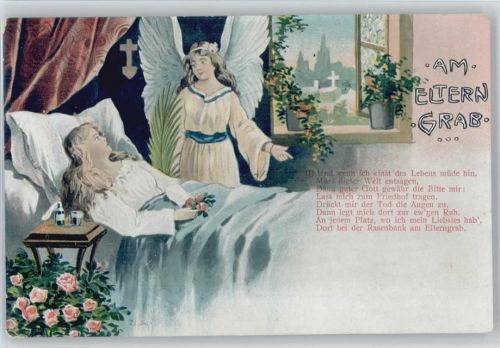 Serie 230 Kranke Frau - Medizin auf dem Tisch - Am Elterngrab - Schutzengel wacht - Gedicht - Tod 1900