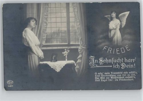 Bild des Soldaten steht auf dem Tisch - Engel - Gedicht: In Sehnsucht harr ich Dein - Amag Serie 946-1 Christliche Propaganda