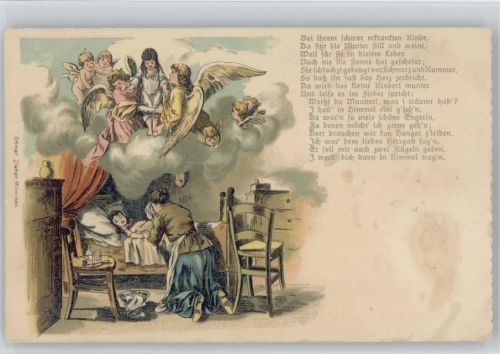 Bei ihrem schwer erkranktem Kinde - Gedicht : Weißt du Mutterl was i geträumt hab , zu den Engel möchte ich gehen Tod 1900 Lithographie