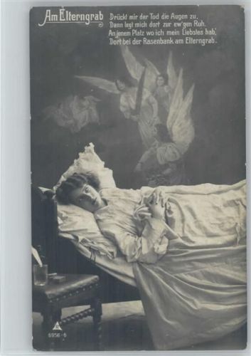 Am Elterngrab - Gedicht - kranke Frau und Engel schweben über dem Bett , Foto Serie 6956-6 AK Tod 1913
