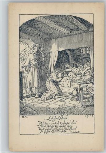 Letzte Reise - Todesengel steht an der Tür, Kranker liegt im Bett - Federzeichnung sign Rudi Schäfer Tod 1914