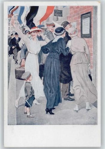 WK I Kriegspostkarten Nr. 10 "Siegesdepesche an der Häuserwand - Frauen lesen den Artikel Wennerberg, B. Künstlerkarte