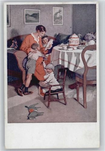 WK I Kriegspostkarten Nr. 9 - Gute Nachrichten von der Front- Mutter liest einen Feldpostbrief, Baby im Hochstuhl Wennerberg, B. 1915 Künstlerkarte