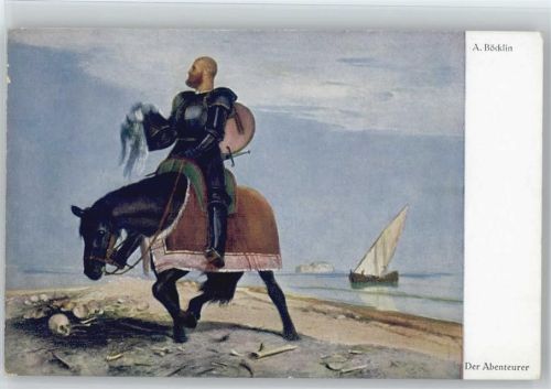 Der Abenteurer , Ritter mit Pferde, Gebeine Totenschädel liegen herum - Tod Böcklin, A. Künstlerkarte