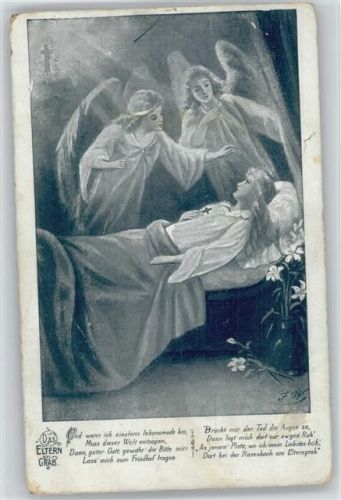 Das Elterngrab - kranke Frau im Bett - Engel wachen , Gedicht - ca 1900 AK Tod
