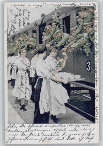 WK I Kriegspostkarten Nr. 2 - Erfrischungsstation an der Eisenbahn - Frauen reichen Getränke Wennerberg, B. 1915 Künstlerkarte
