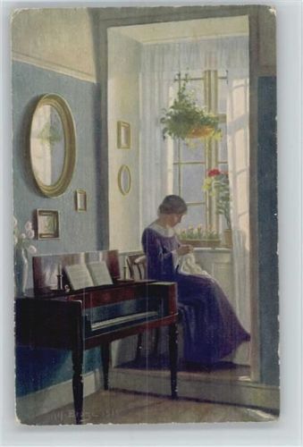1918 Frau sitzt am Fenster, daneben steht ein Klavier - sign Brogel