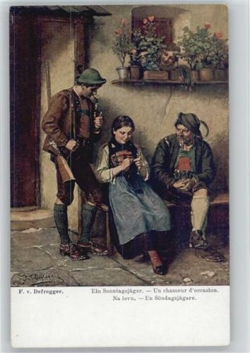 sign Defregger - Sonntags-Jäger - Bäuerin sitzt auf der Bank draußen vor dem Haus