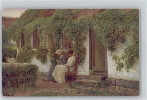 sign Alfred Broge - Dänische Kunst - Sommernachmittag , Frauen sitzen vor dem Haus