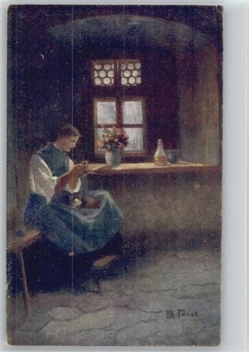 sign Fürst - Bäuerin am Fenster beim Stricken - Wiener Volkskunst