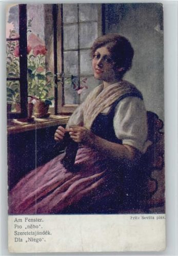 Frau sitzt am offenen Fenster - sign Sevilla - Wiener Künstler Grüsse Nr. 2871 AK