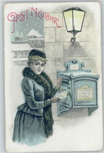 1908 Neujahr - Glamour Frau mit Pelzmode am Briefkasten, Litho