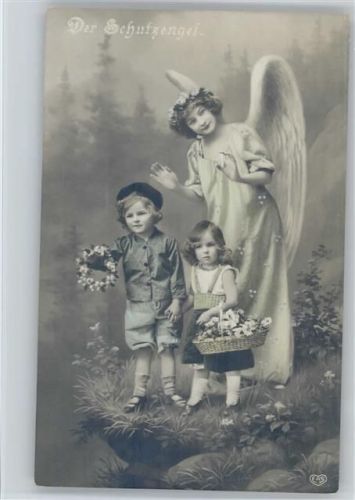 1912 Kinder mit Blumen, Blumenkranz am Abgrund, der Schutzengel wacht