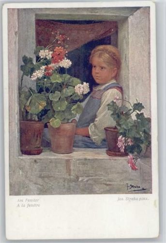 Mädchen am Fenster - Blumentöpfe Straka, J. 1924 Künstlerkarte