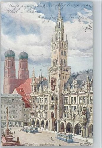 München Rathaus Straßenbahn Aquarell Serie No 22 AK
