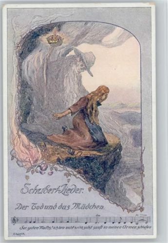 Schubert Lieder - Der Tod und das Mädchen - Der Tod beugt sich über das Mädchen am Abgrund - Liederkarte Tod Künstlerkarte