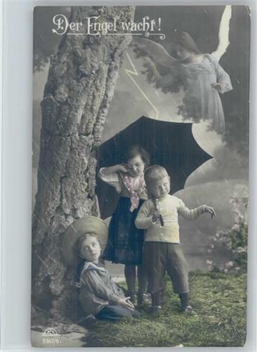 1914 Serie 5367-6 - Kinder mit Regenschirm beim Gewitter, der Schutzengel wacht