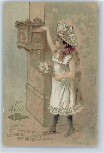 Neujahr - Golddruck - Mädchen mit Blumen und Brief 1. April 1912 Prägedruck