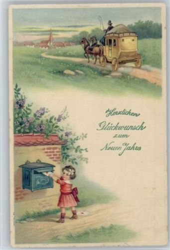 1915 Neujahr - Mädchen steckt Brief in den Briefkasten, Postkutsche fährt vorbei