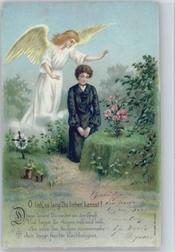 Schutzengel - Frau mit Trauerkleidung am Grab , litho - Serie O, lieb so lang du lieben kannst Trauer 1904 Prägedruck
