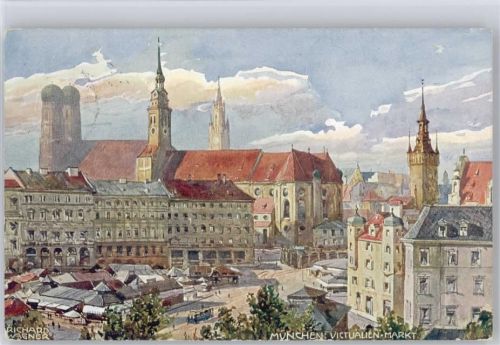 1911 münchen Victualien Markt - Straßenbahn - Aquarell Serie No 15 AK