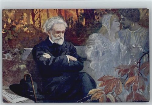 Verdi komponiert und denkt nach - Erscheinungen von Rigoletto - sign Balestrieri Verdi, G. Künstlerkarte