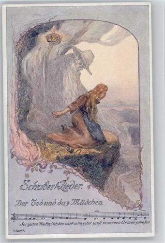 Der Tod schaut über die Schulter - Liederkarte "Der Tod und das Mädchen" Nr. 1 AK