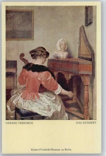 Hausmusik - Frau am Klavier und Cello - sign Terborch Geiger Künstlerkarte