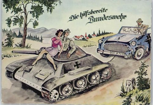 Humor - hilfsbereite Bundeswehr - Panzer schleppt einen PKW und Frau ab Bundeswehr