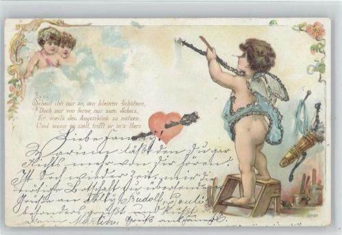 1901 Amor Engel malt ein Herz, Poesie Gedicht, litho