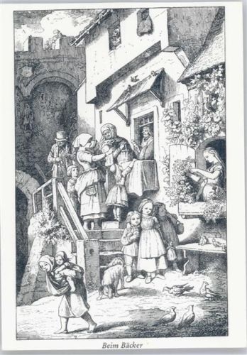 Beim Bäcker einkaufen - sign LR - Beschauliches und Erbauliches - Aus dem Ludwig-Richter Kalender 1963