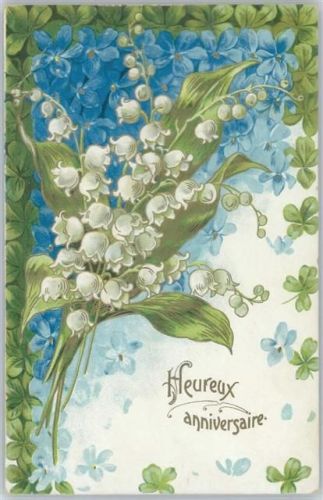 und Vergissmeinnicht, litho - Umrandung Glücksklee - Heureux anniversaire Maiglöckchen Prägedruck