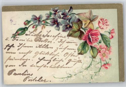 Rosen und Veilchen, litho Maiglöckchen 1902 Prägedruck
