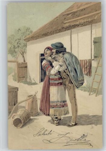 Italien - Volkstypen aus Der Kuss, Liebespaar - Wasserträger 1903 Lithographie