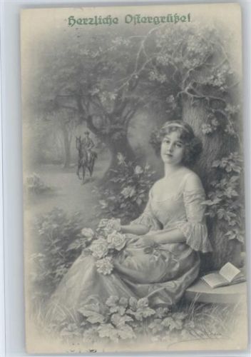 sign R.R.v. Wichera - M.Munk Nr. 580 - Frau sitzt am Baum mit Rosen i.d. Hand, Buch lesen Wichera, R. R. v. Künstlerkarte