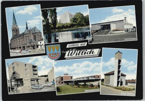 47877 W4156 Willich - Kath. Pfarrkirche Volkspark Hallenbad Evangel. Kirche Berufsschule Kreissparkasse