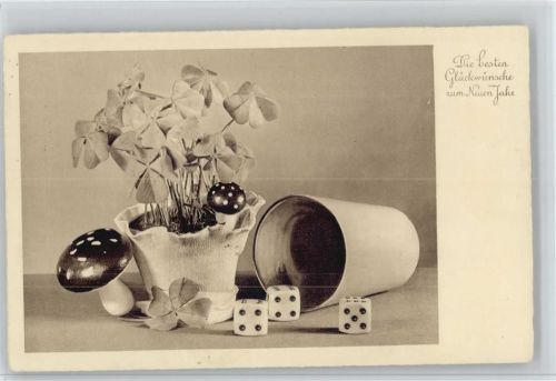 Neujahr, Blumentopf mit Glücksklee, Würfelbecher, Deko-Pilze Würfeln 1934