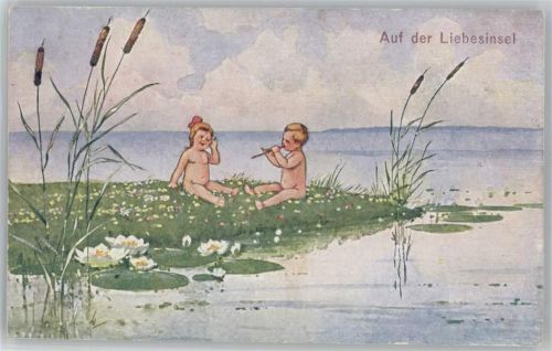 Auf der Liebesinsel - zwei nackte Kinder Seerose Künstlerkarte